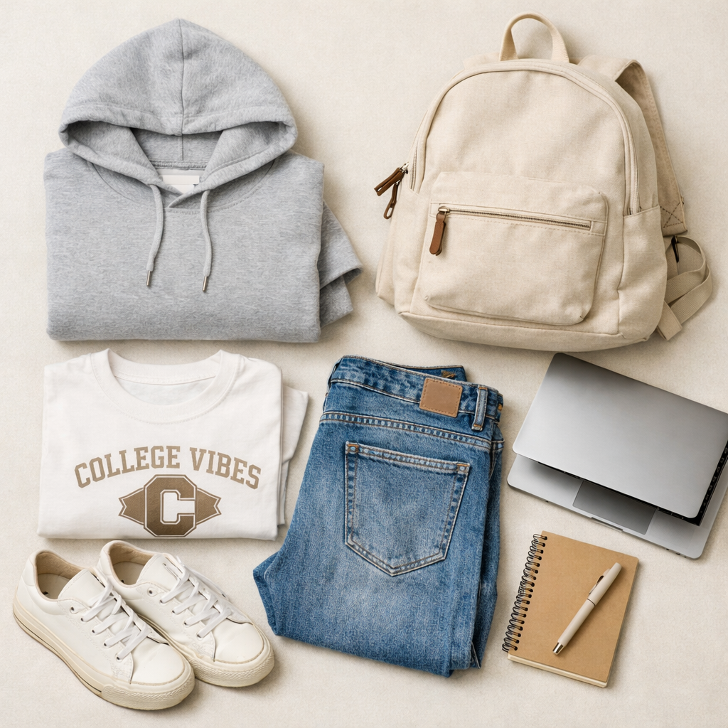 College freshman fashion essentials guide showcasing versatile, comfortable campus wardrobe basics.
