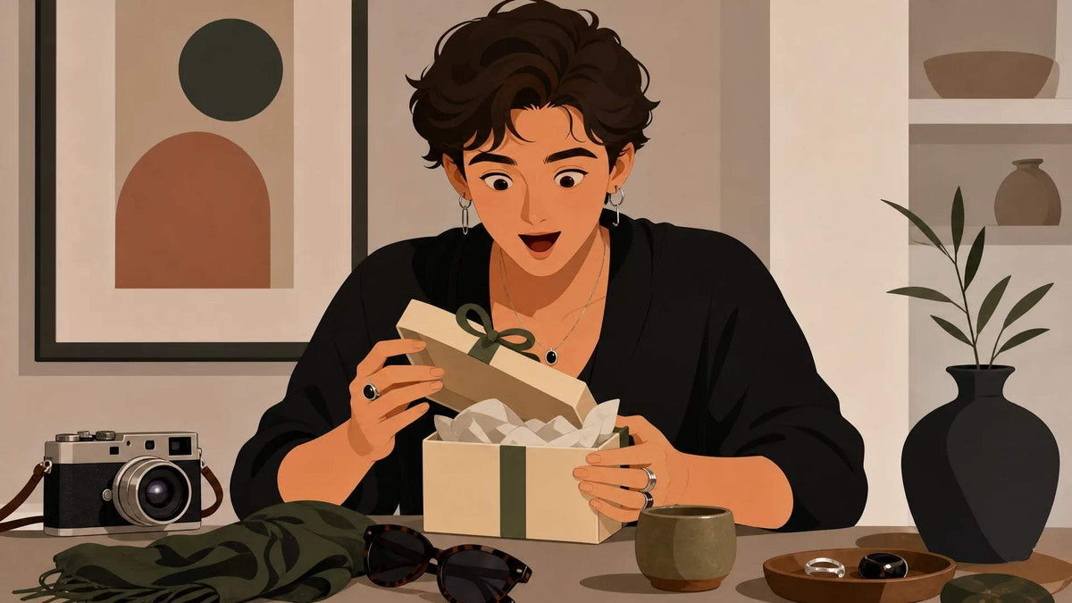 Gift Ideas for Creative People illustration featuring a smiling person opening a wrapped gift beside a camera and houseplant.