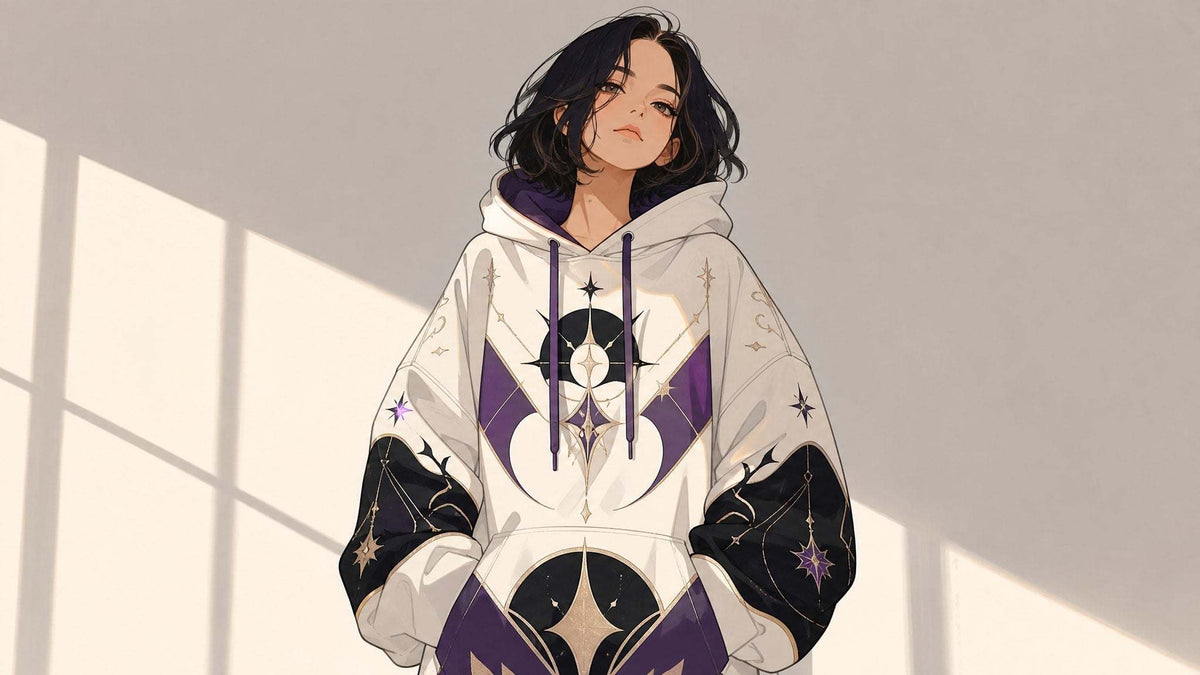 Anime-Inspired Hoodies for Women features a white cotton hoodie with purple and black celestial prints, star motifs and an anime-style woman.
