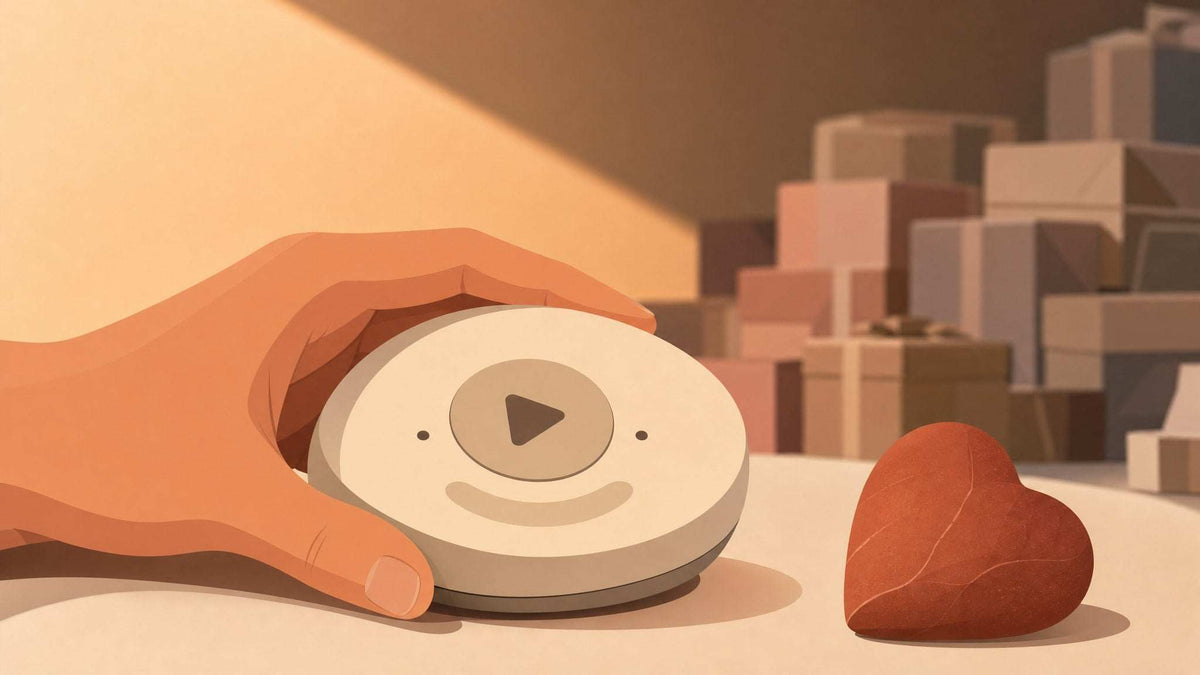 Custom Voice Recording Gift, a cream-colored round wooden audio player with a central button, held beside a red heart-shaped keepsake.