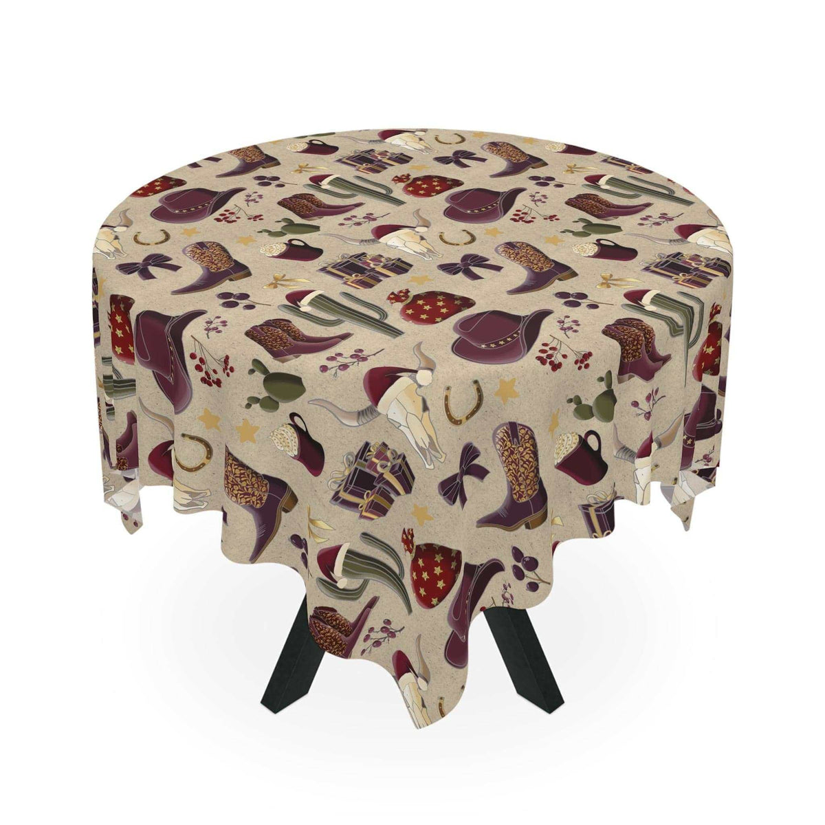 Tablecloth with a beige fabric base and multicolored cowboy boots, hats and horseshoes, featured in Seasonal Tablecloth Ideas.