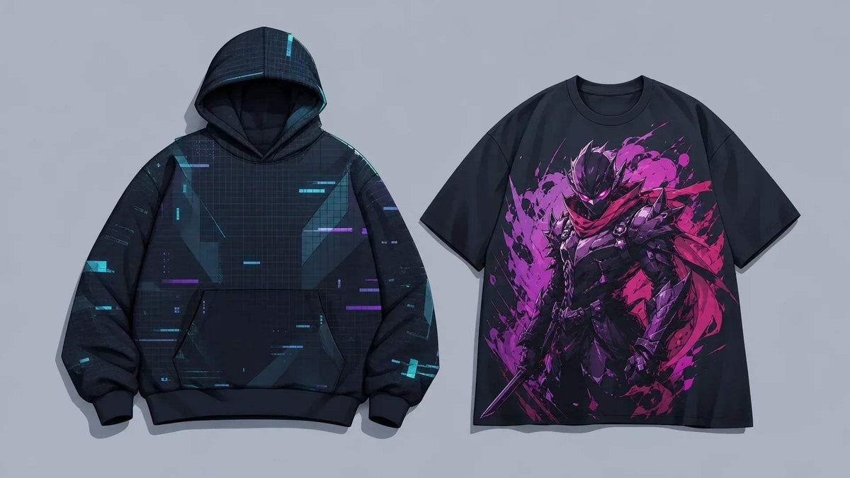 Gamer Aesthetic Clothing featuring a black cyber-grid hoodie and T-shirt with a vivid magenta graphic and digital accents