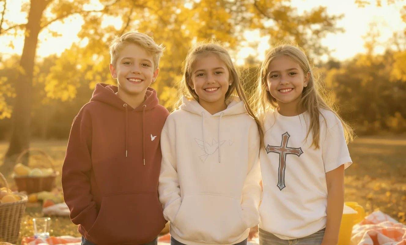 Pre-teen wearing faith-based apparel with scripture-inspired designs promoting spiritual growth and confidence.