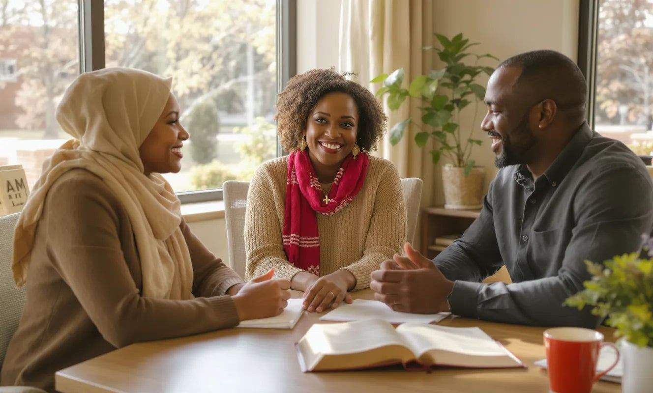 Christian professional praying at desk illustrating faith-based workplace motivation