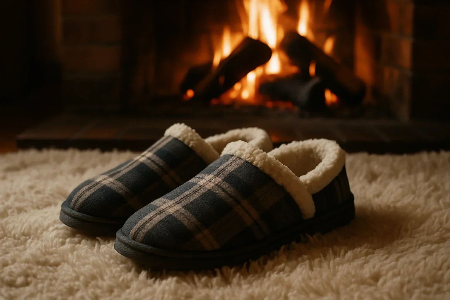 cozy plaid slippers with soft lining on fluffy rug by warm fireplace representing comfortable apparel