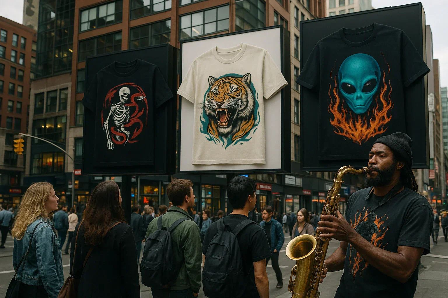 Outdoor urban scene with diverse crowd viewing large graphic tees featuring skeleton, tiger, and alien designs, while a musician plays saxophone nearby