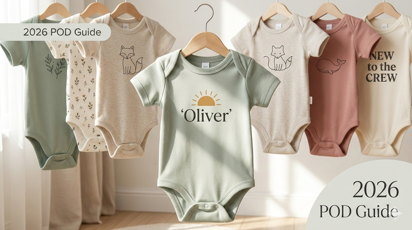 Cozy nursery table with pastel personalized baby onesie, laptop showing design mock-up, children's books, and morning light.