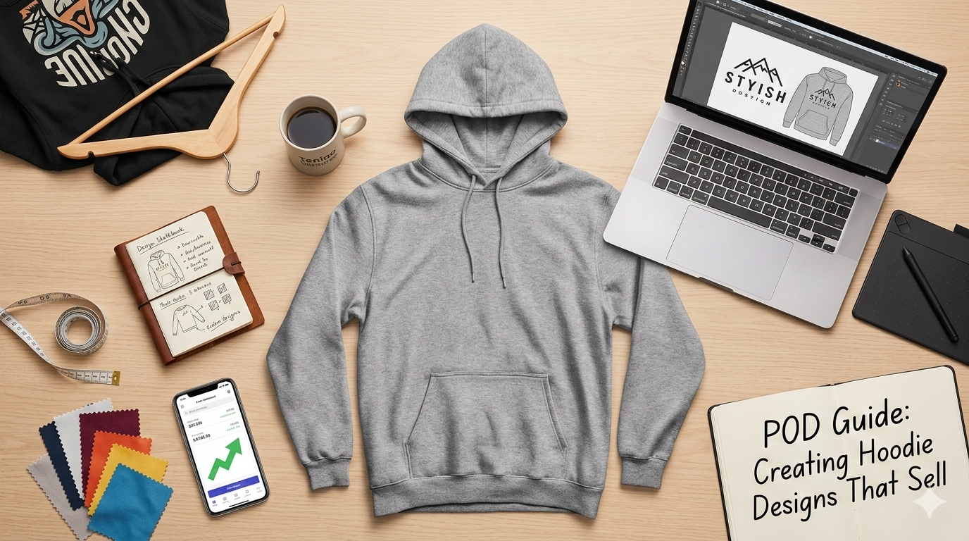 Home office desk with laptop showing custom hoodie print on demand design mockup, fabric swatch, and coffee mug in natural light