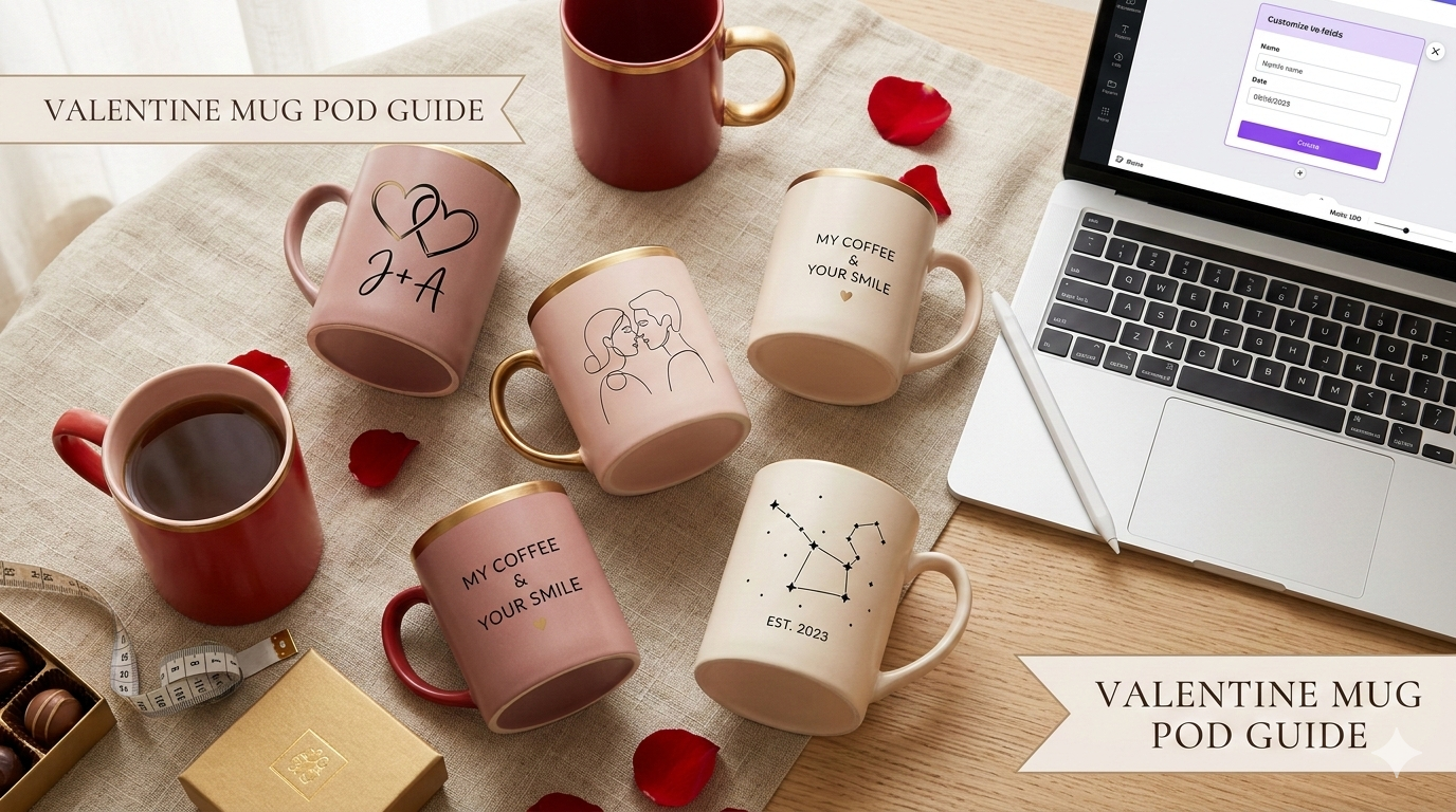 Cozy kitchen scene with steaming Valentine coffee mug featuring hand-drawn heart and pastel accents for print on demand design inspiration