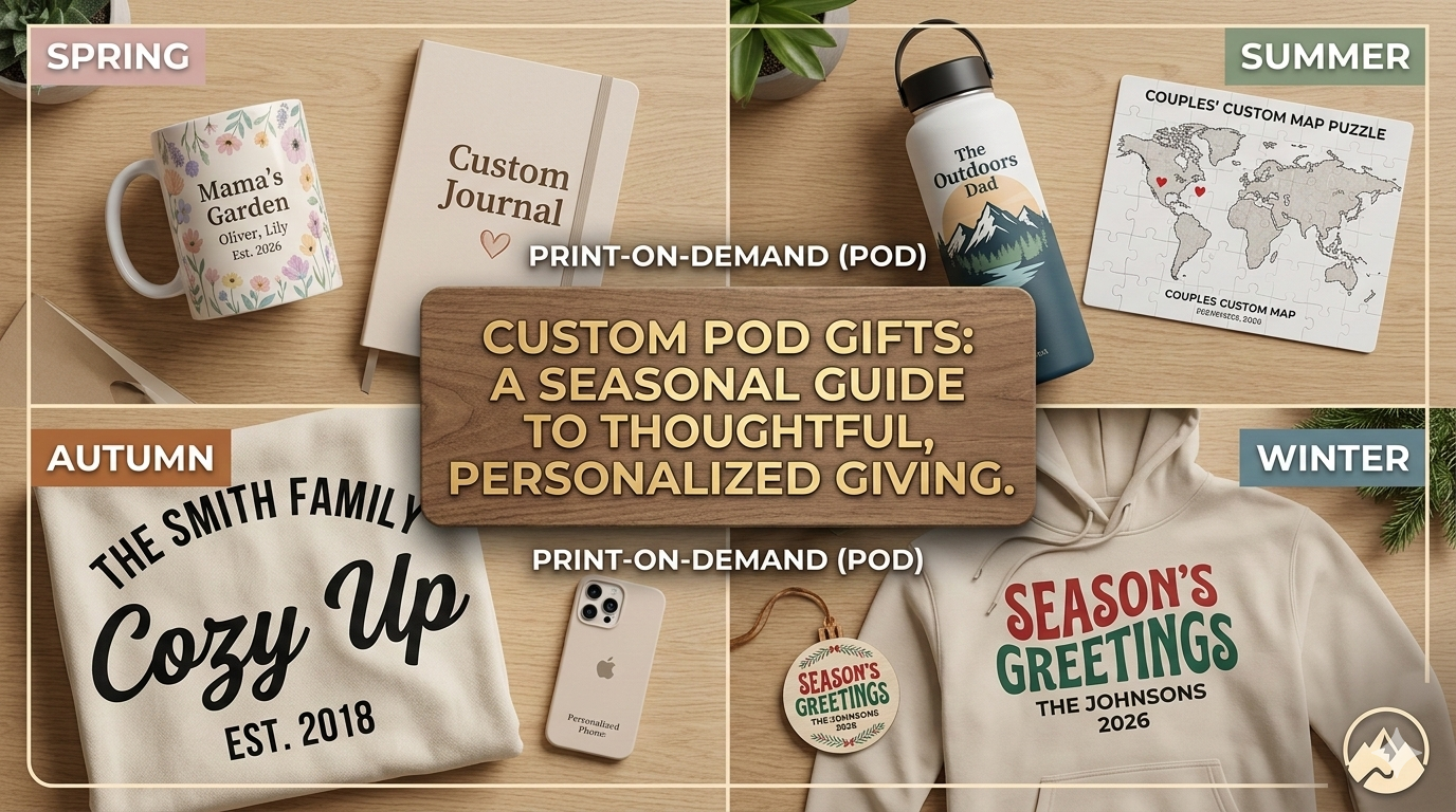 Custom print on demand gifts collection featuring personalized apparel, drinkware, and tech accessories by TeninoVentures