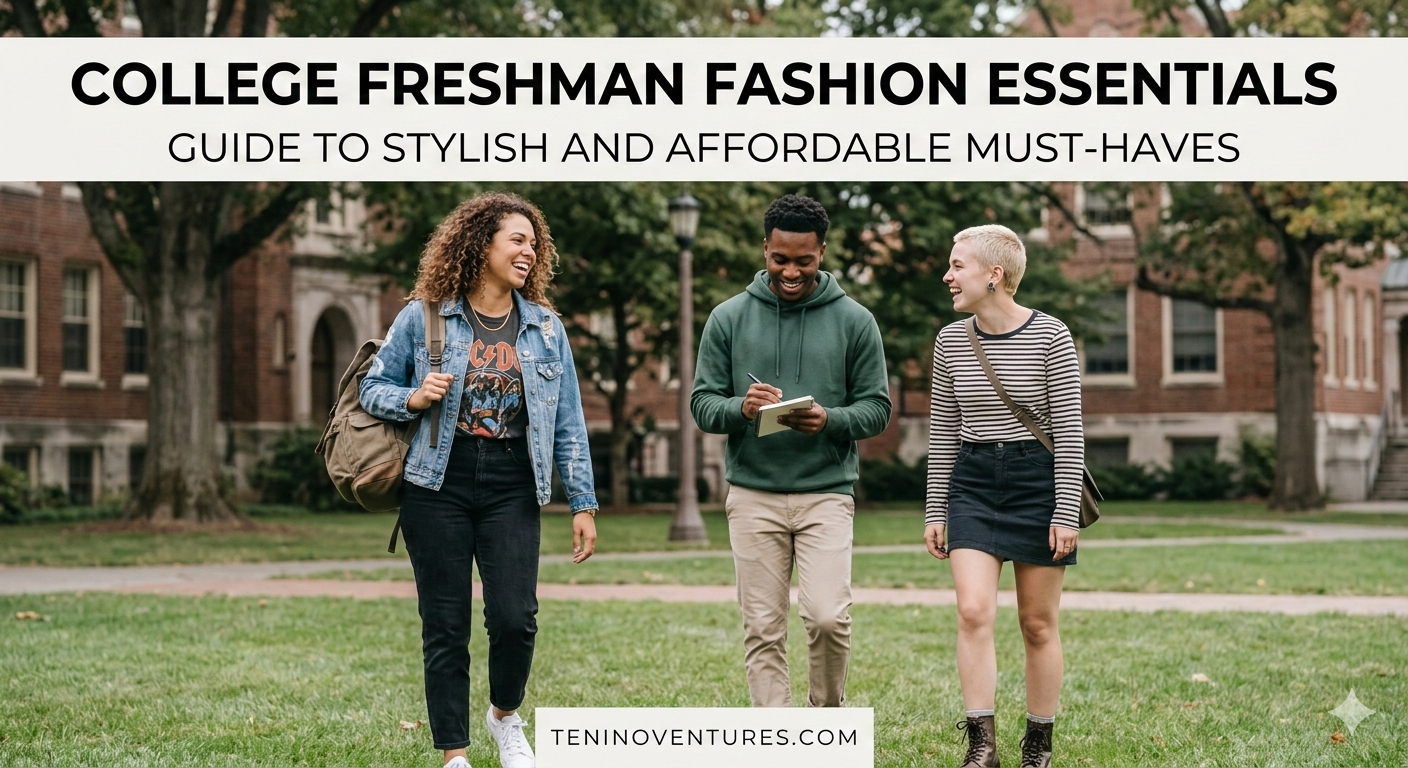College freshman fashion essentials including versatile tees, denim, hoodies, dresses, backpacks, shoe organizers, and watches for stylish campus life.