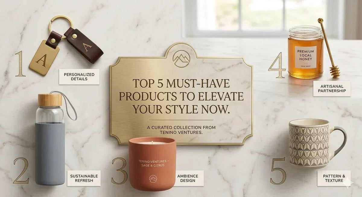 Gift collection display featuring Tenino Ventures Gift Ideas, with a grey bottle, terracotta mug, honey jar, patterned ceramic mug and leather key fobs.