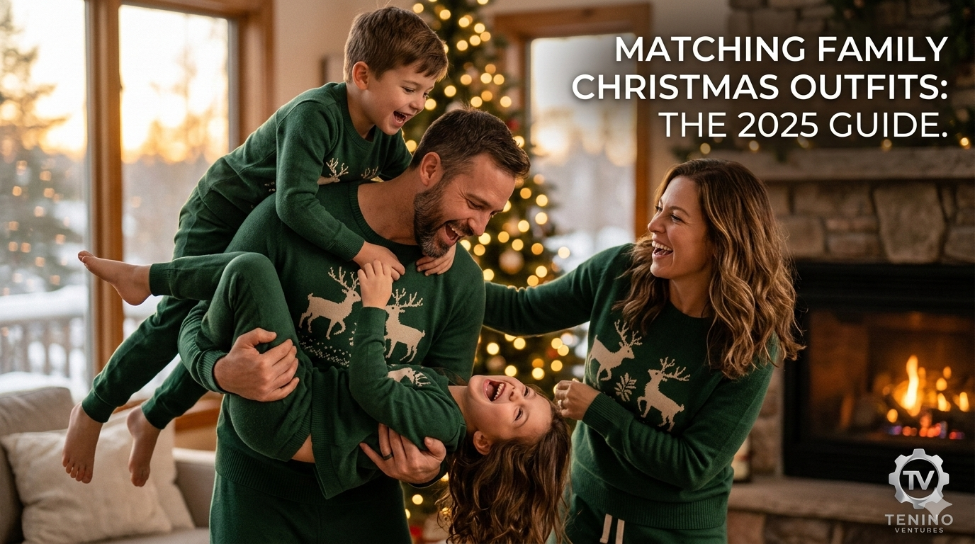 Family wearing matching Christmas outfits in coordinated themed hoodies and sweatshirts for 2025 holiday photos
