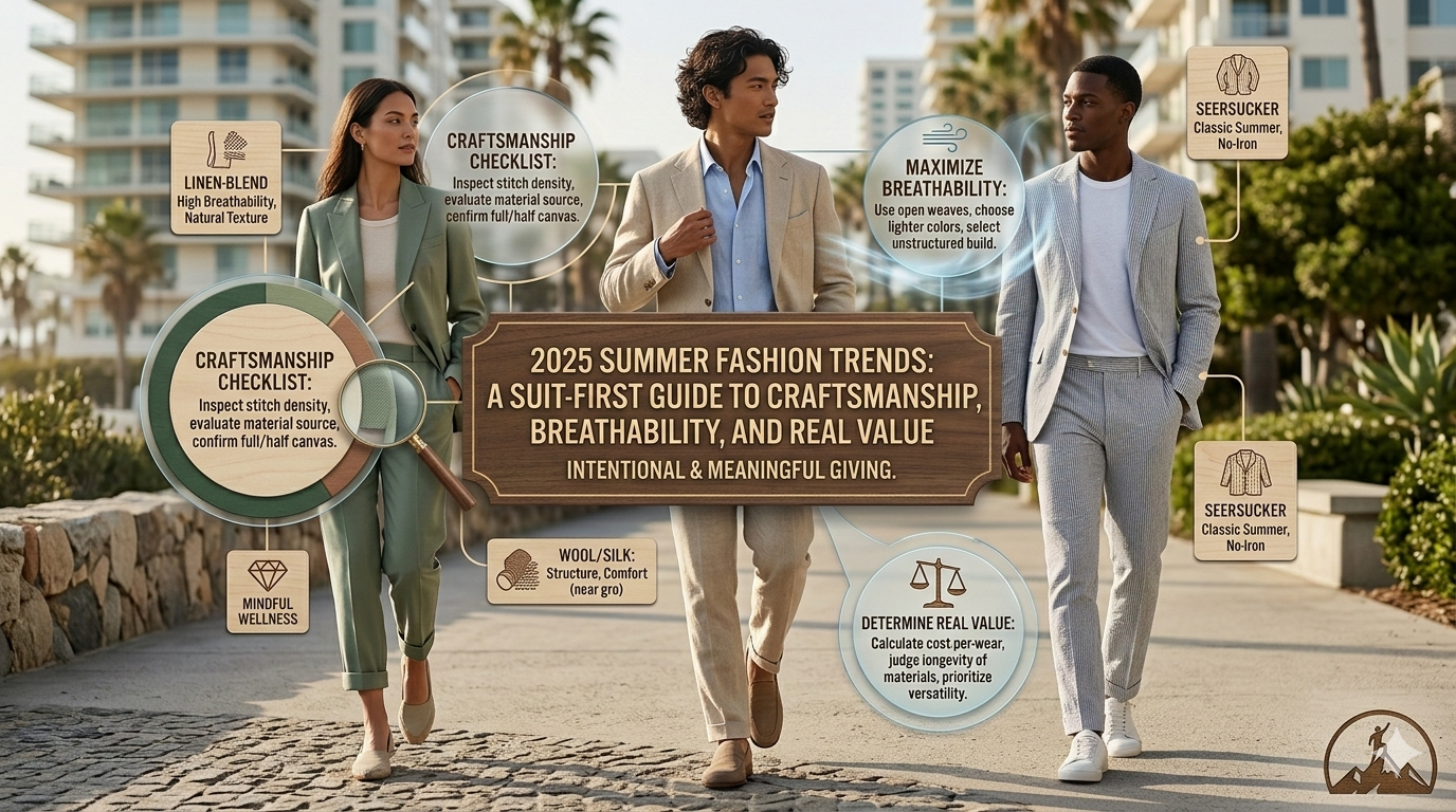 2025 summer fashion trends featuring lightweight breathable suits in linen, tropical wool, and seersucker with Italian craftsmanship and tonal palettes