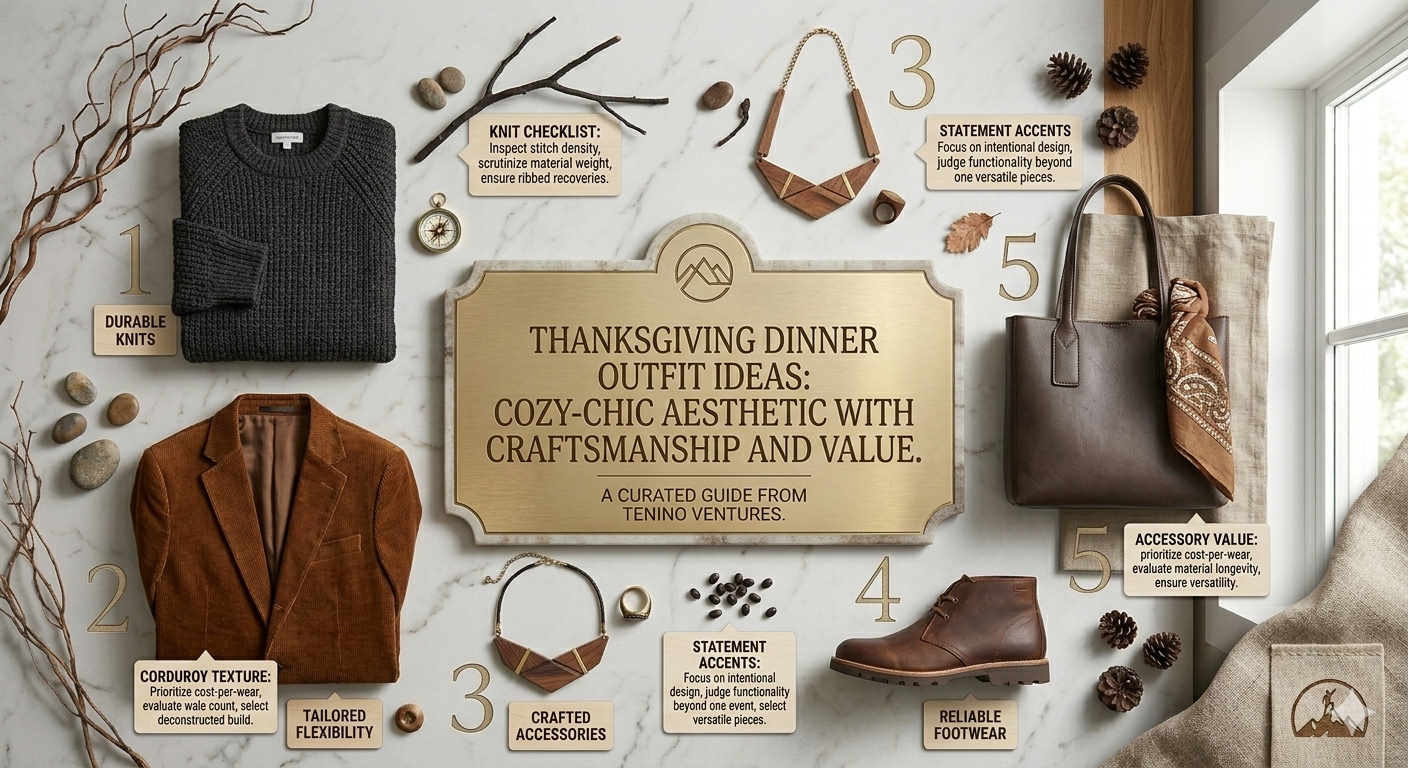 Cozy-chic Thanksgiving dinner outfit ideas featuring warm fall colors, soft knits, tailored pieces, and craftsmanship details.