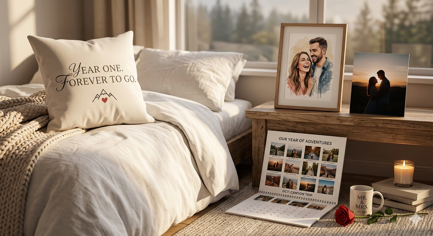 Anniversary print-on-demand custom photo collage with lavender soap and gemstone beads in living room