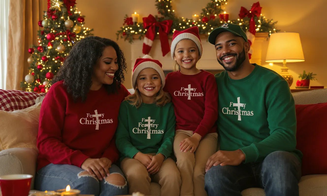 Family wearing purposeful Christian holiday clothing with scripture and faith-inspired designs
