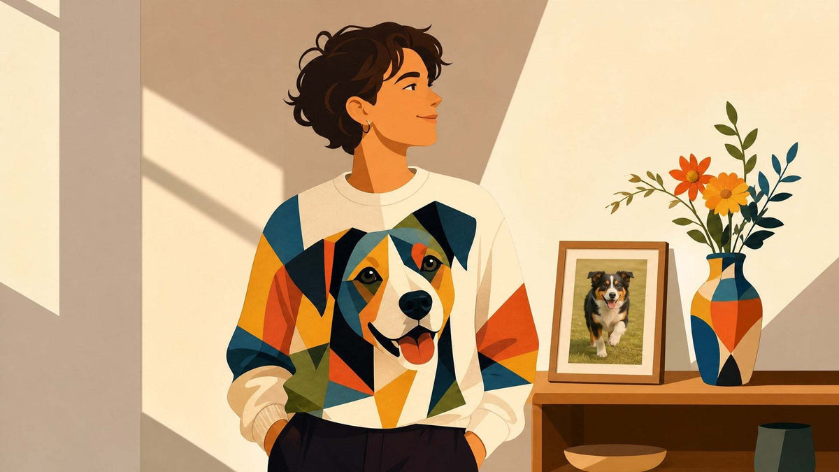 Colorful artist dog sweatshirt with geometric multicolor panels and a dog portrait, shown beside framed dog art; Pet Loss Photo Gifts