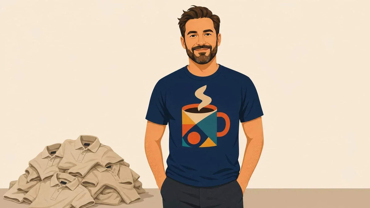 Graphic T-shirt in navy cotton with a colorful coffee cup design, featured in Funny Father's Day Shirts apparel.