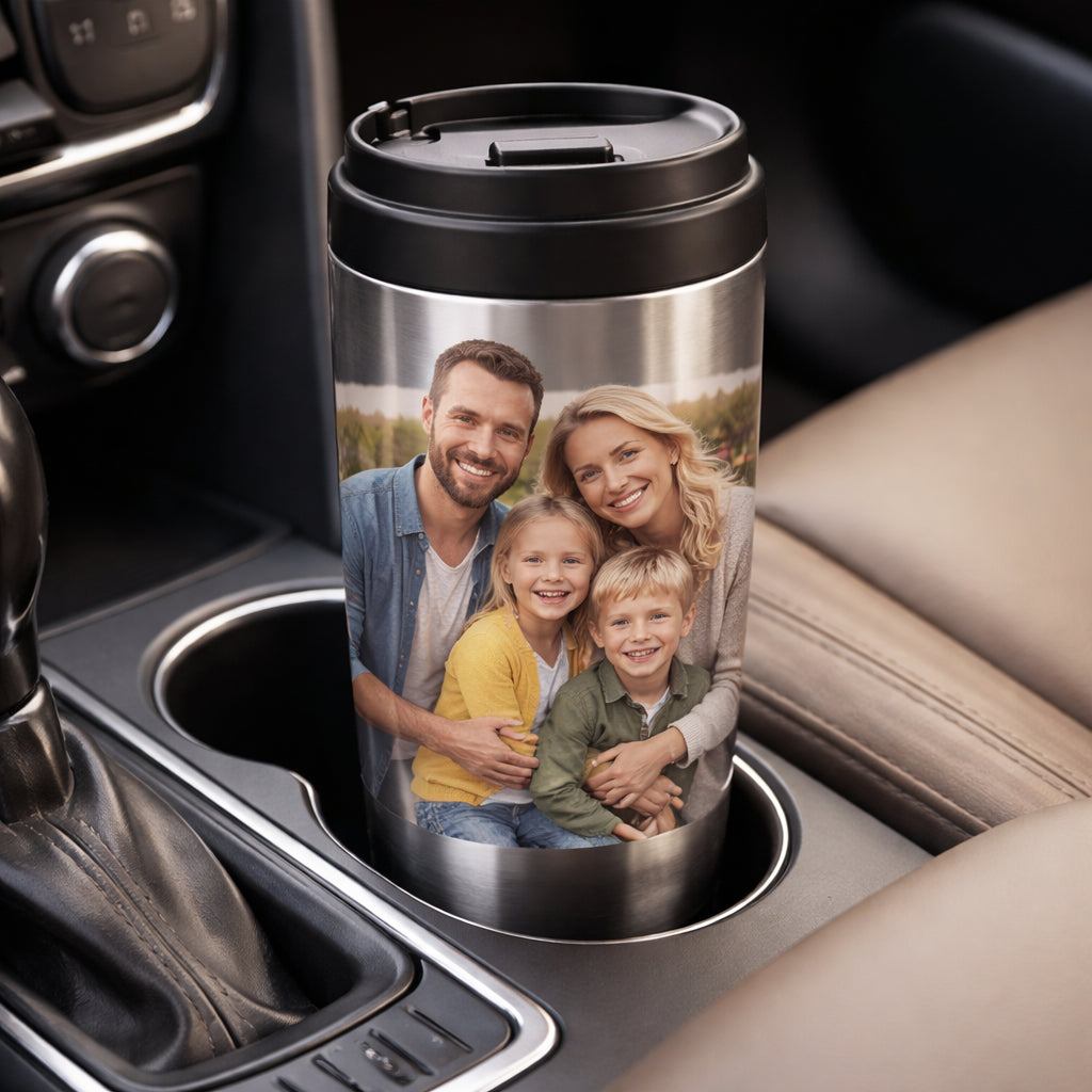 stainless steel personalized travel mug with photo for commuters