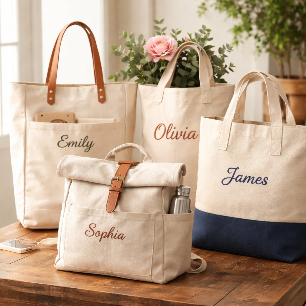 various custom tote bag styles with name options displayed
