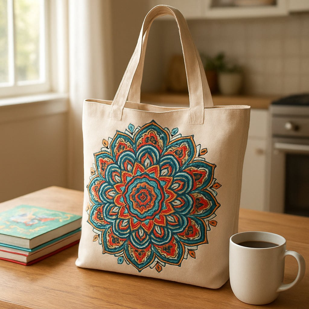 Boho tote bag print on demand with mandala pattern on wooden kitchen table alongside coffee mug and children's books in natural light