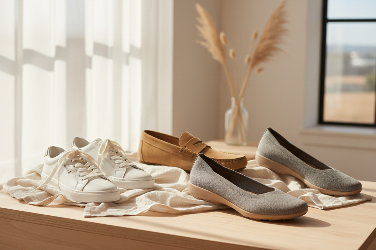 Everyday Shoes include cream lace-up sneakers and neutral fabric loafers with rounded toes and low-profile soles.