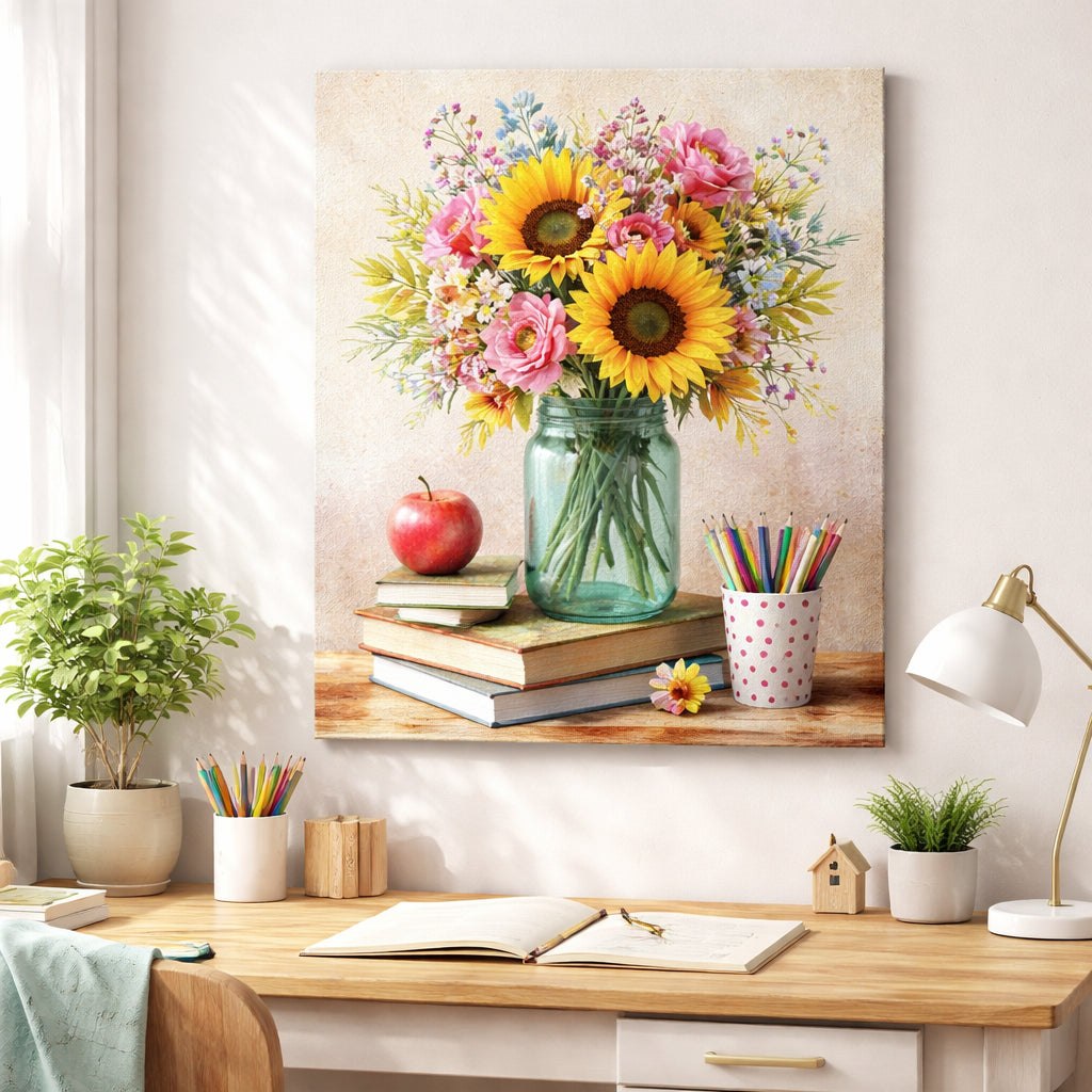 Bright home office wall with a vivid custom canvas art print showing close-up texture and colors