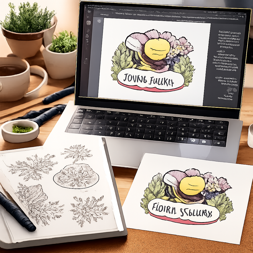 Photorealistic designer workspace with custom enamel pin vector file, sketch notebook, and 300 dpi transparent PNG displayed on laptop screen