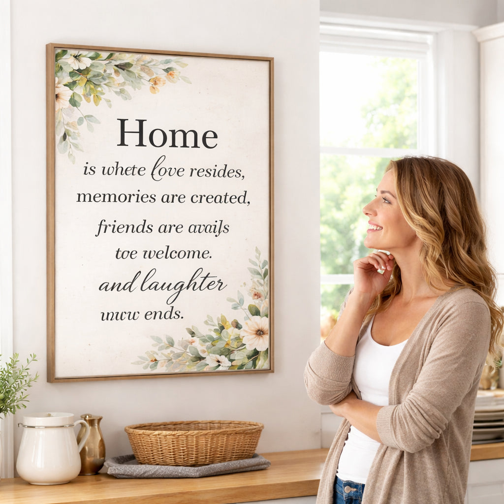 A photorealistic scene of a bright kitchen wall featuring a custom quote wall art print on demand, showing the text in a clean font, soft natural lighting, and a happy mom admiring it. Alt: Custom quote wall art print on demand in a kitchen setting.