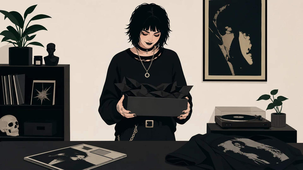 Alternative-style graphic T-shirt, black cotton with a dark monochrome portrait print, shown with layered necklaces; Unique Gift Ideas for Alternative People
