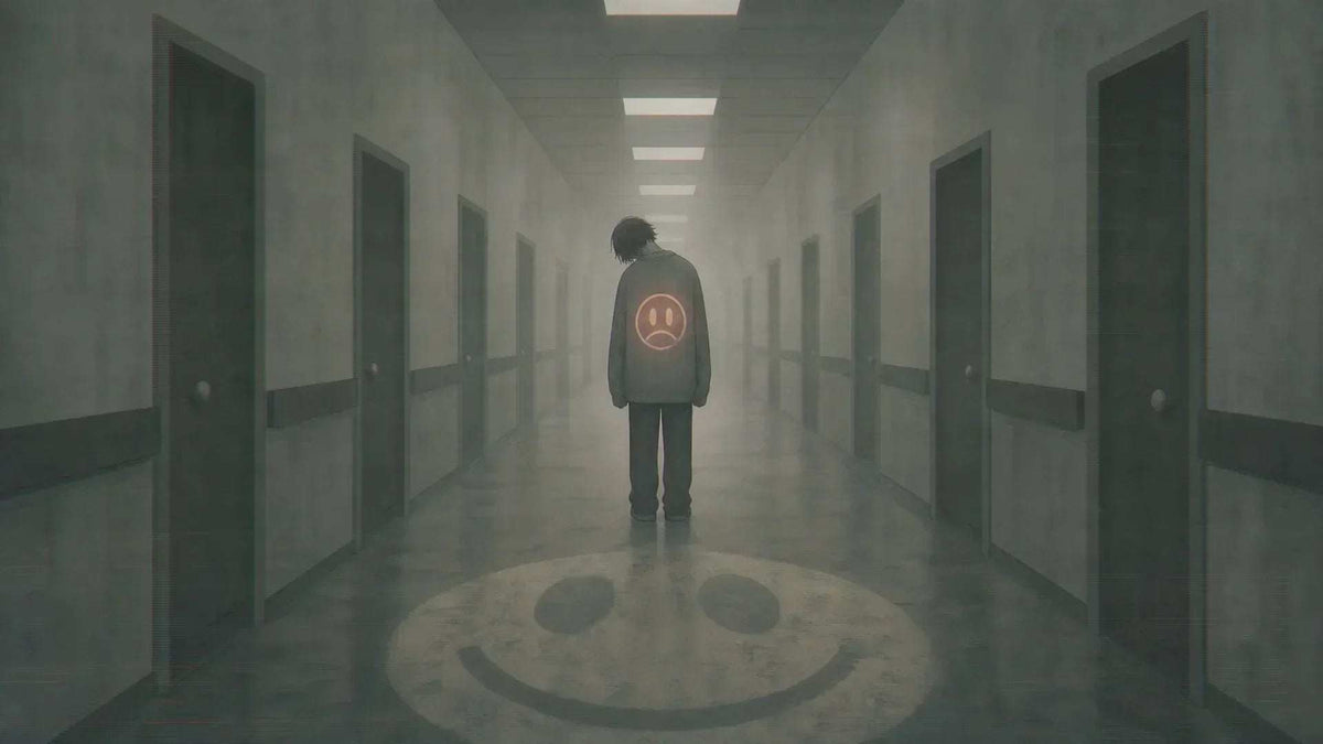 Weirdcore Gifts artwork depicting a lone figure in a dark hallway with a faded smiley face underfoot and EXIT sign backpack detail.
