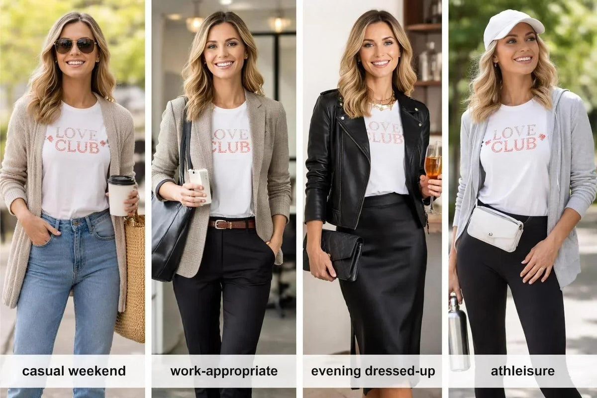 White Graphic Tees for Women, white cotton tops with pink “LOVE CLUB” lettering, styled four ways with jeans, blazer, leather jacket and cardigan