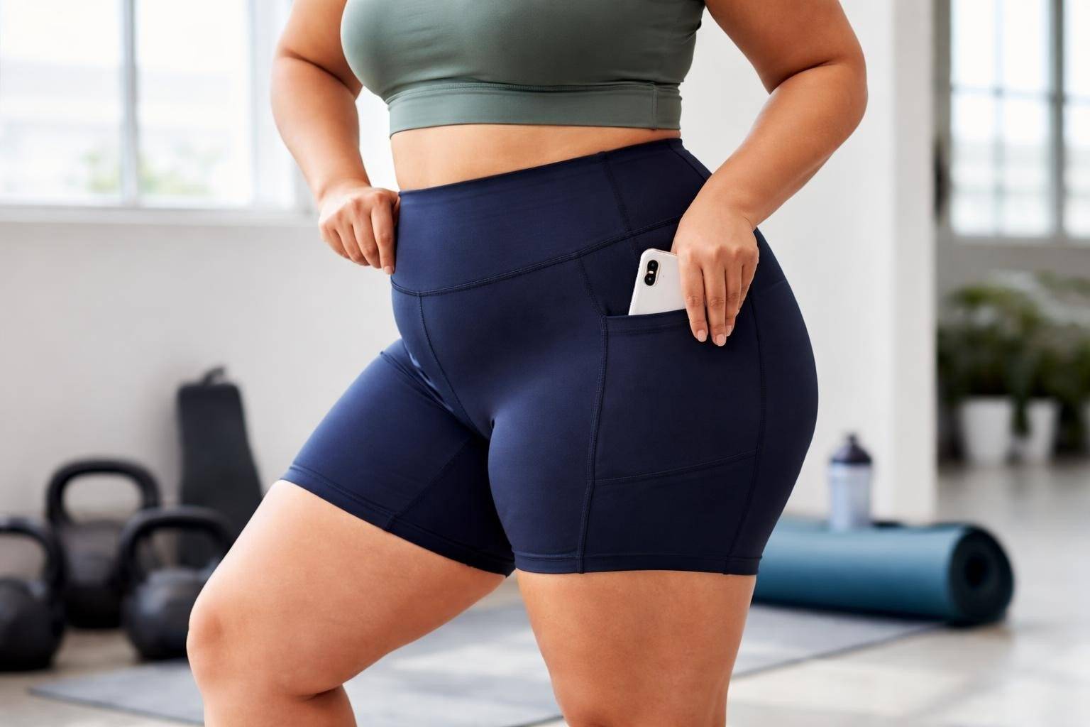 Plus size gym shorts women with high-rise waistband and moisture-wicking fabric