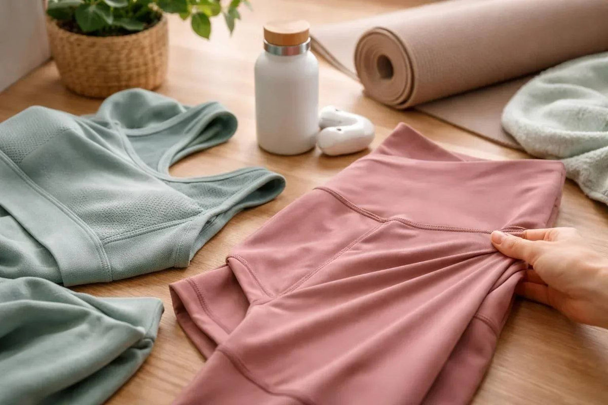 Yoga clothing set in soft sage green and dusty pink fabric, with Yoga Clothing: Fabric, Fit guide focus keyword included.