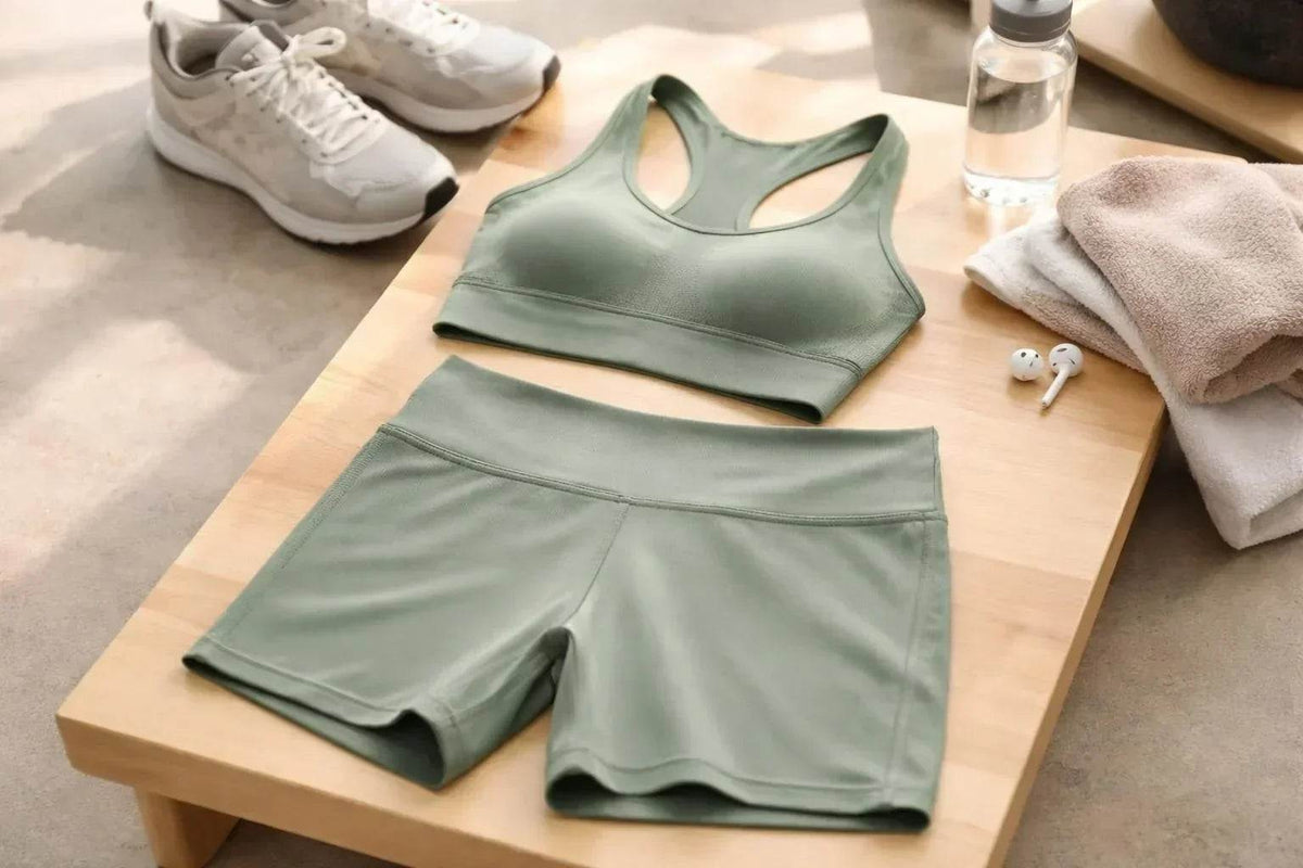 Gym Tops and Shorts in sage green stretch fabric, featuring a racerback crop top and high-waisted fitted shorts.