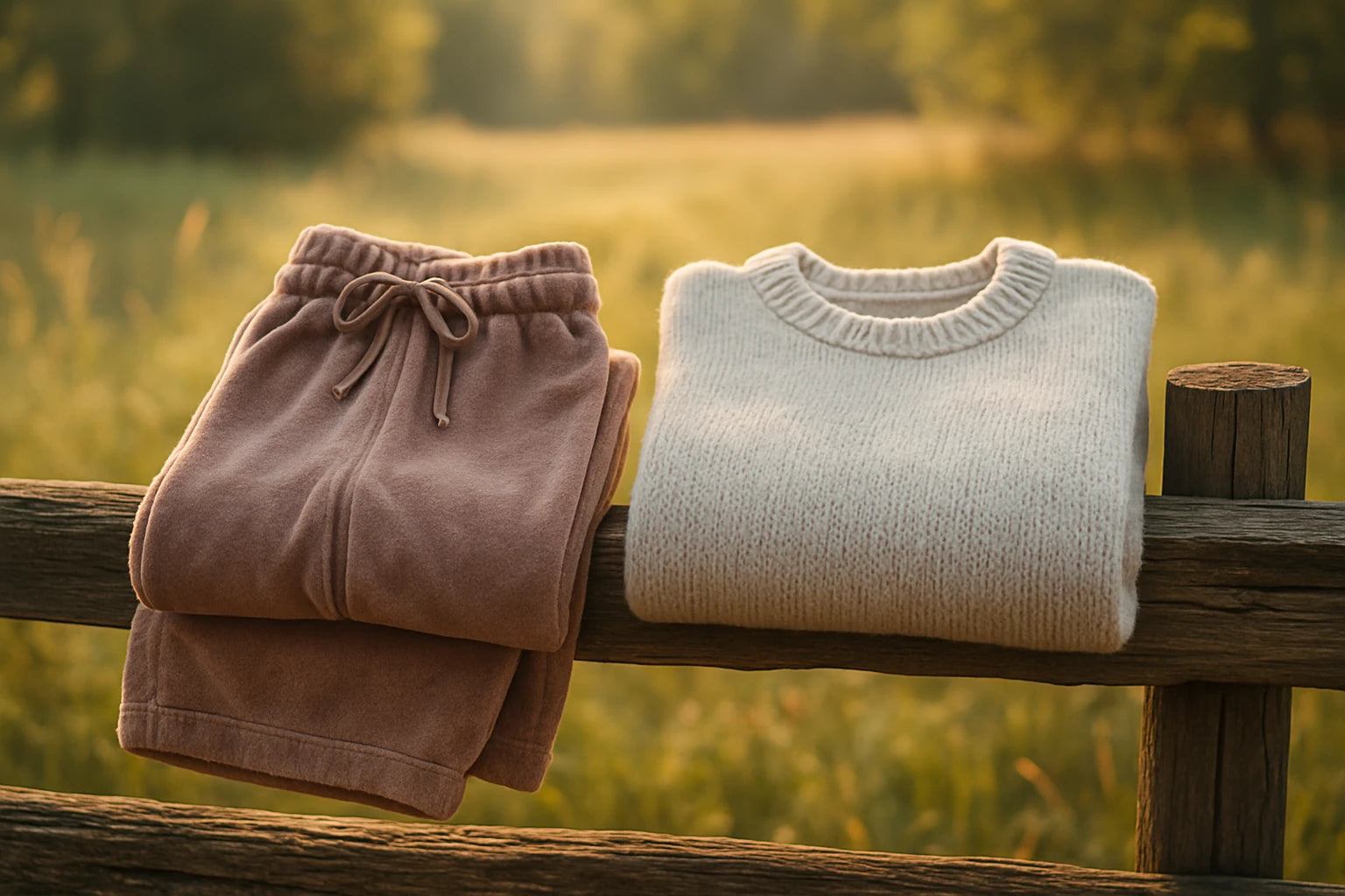 Soft, breathable fabric draped over wooden chair with serene garden background, showcasing comfortable apparel style and texture.