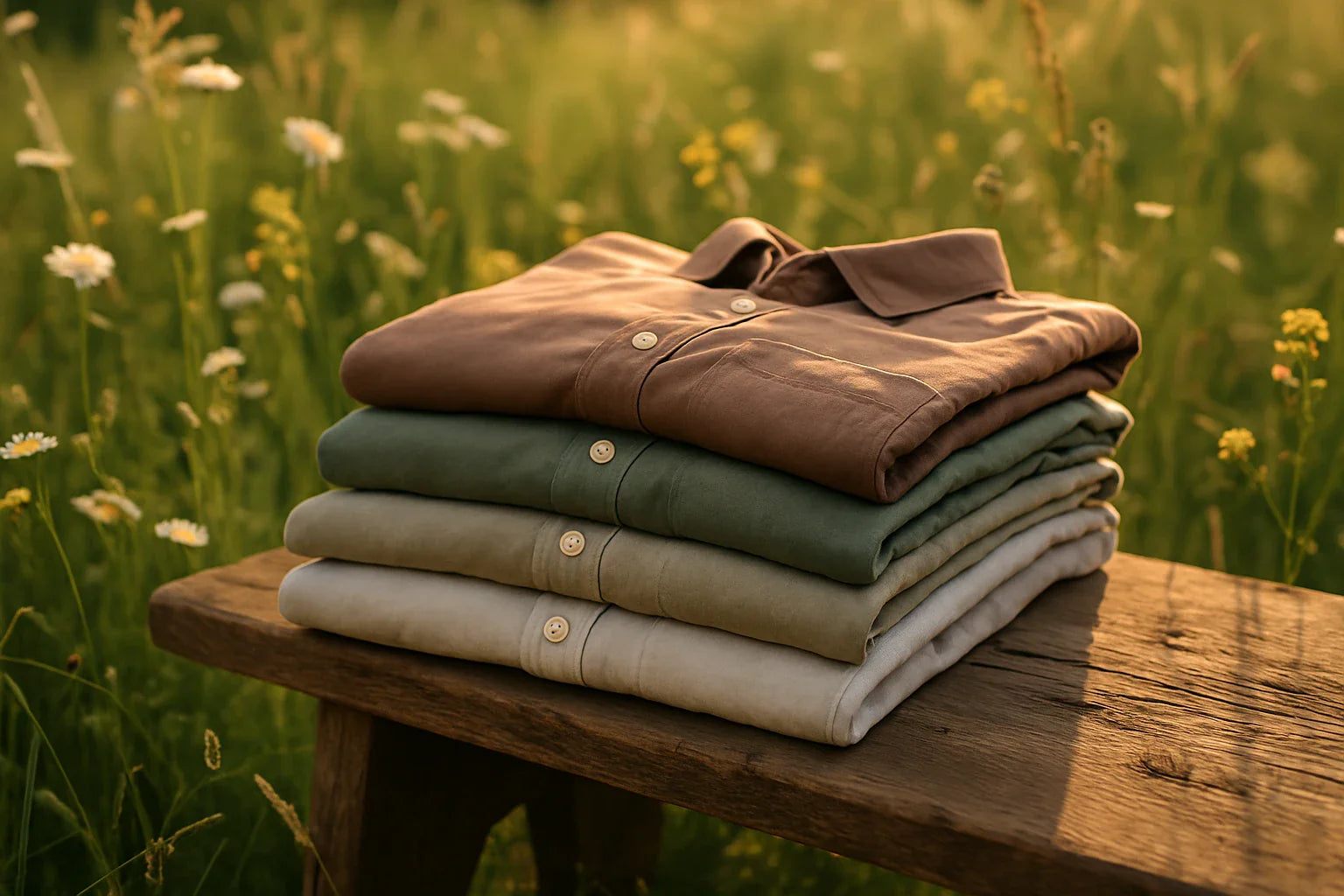 Soft pastel cotton shirt folded on wooden table in warm sunlight