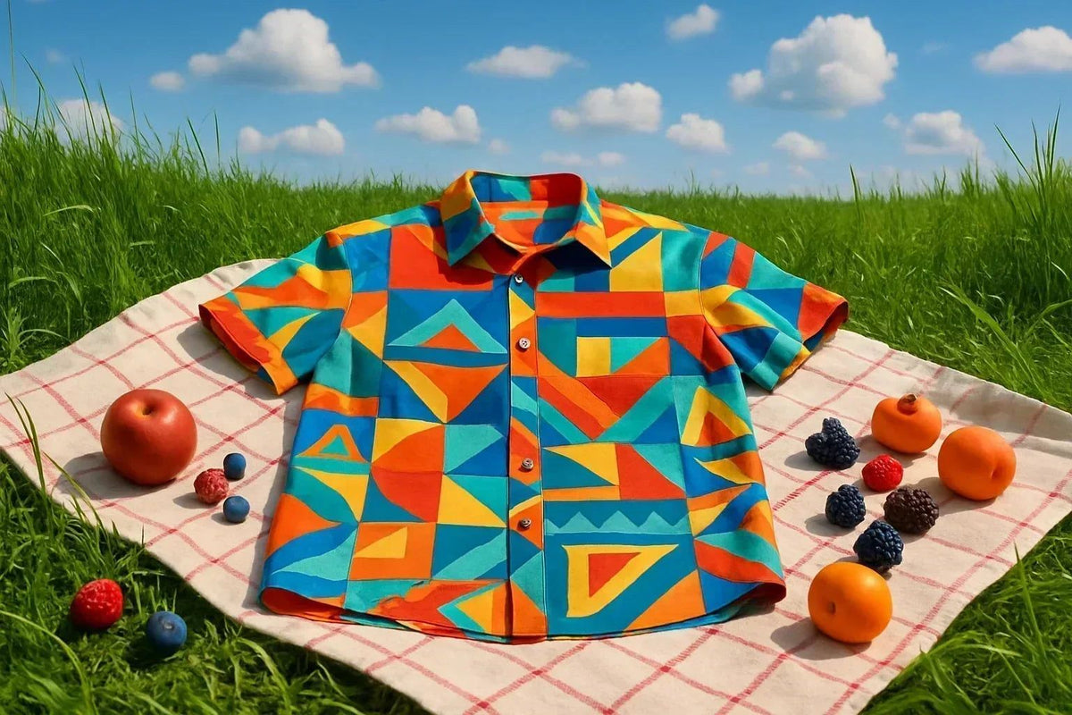 Expressive Shirts features a short-sleeve button-up shirt in bright orange, teal and blue geometric patterns with a collar and chest pocket.