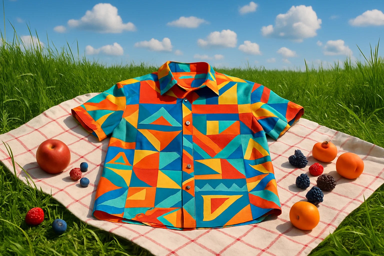 Cozy cotton shirt with vibrant abstract patterns hanging on a wooden clothesline in a sunlit garden surrounded by wildflowers
