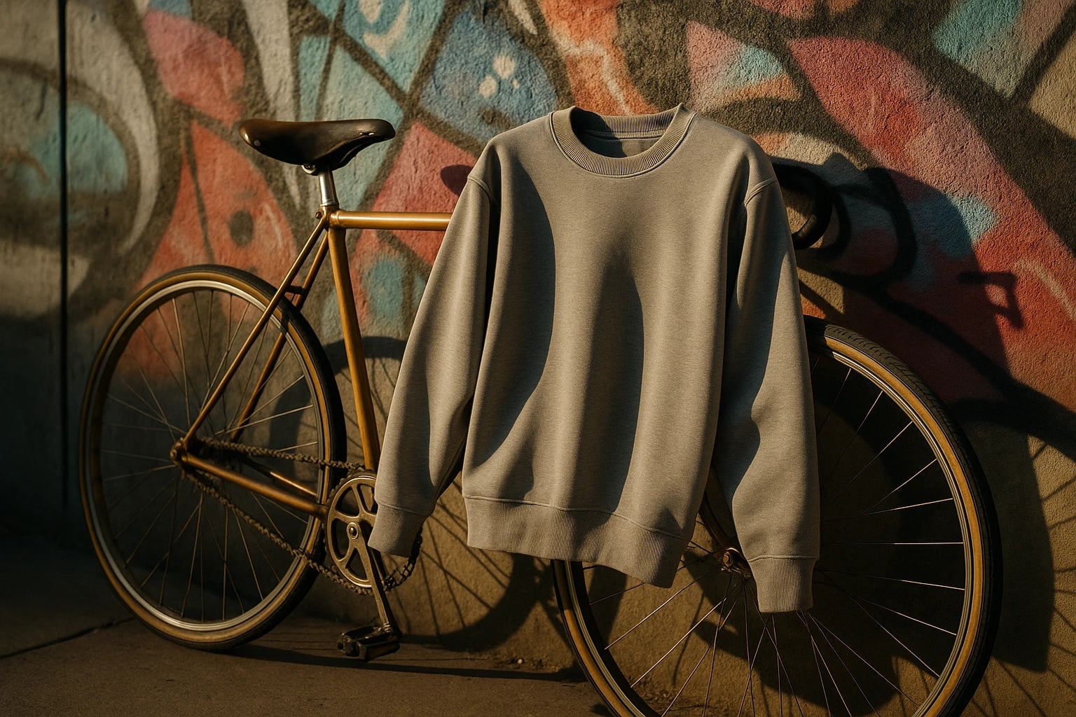 Hand-drawn vibrant graphic sweatshirt on wooden table with fabric swatches and pencils illustrating wearable art design process