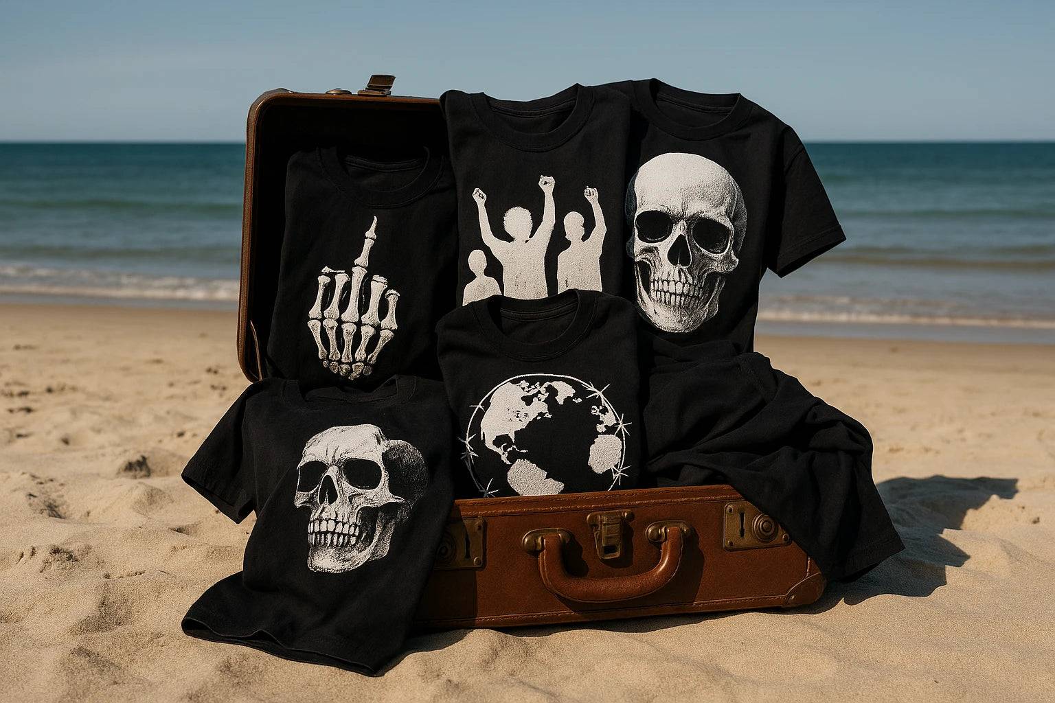 Graphic tees with bold pop culture designs hanging on a rustic wooden rack outdoors against lush greenery.