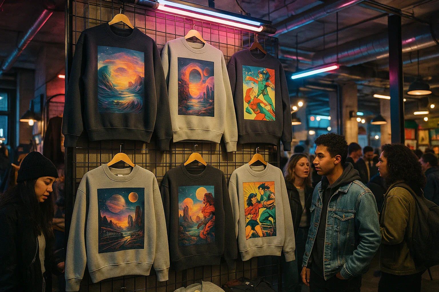 Vibrant unique graphic sweatshirts with AI-inspired surreal and retro designs displayed on colorful hangers at an outdoor market