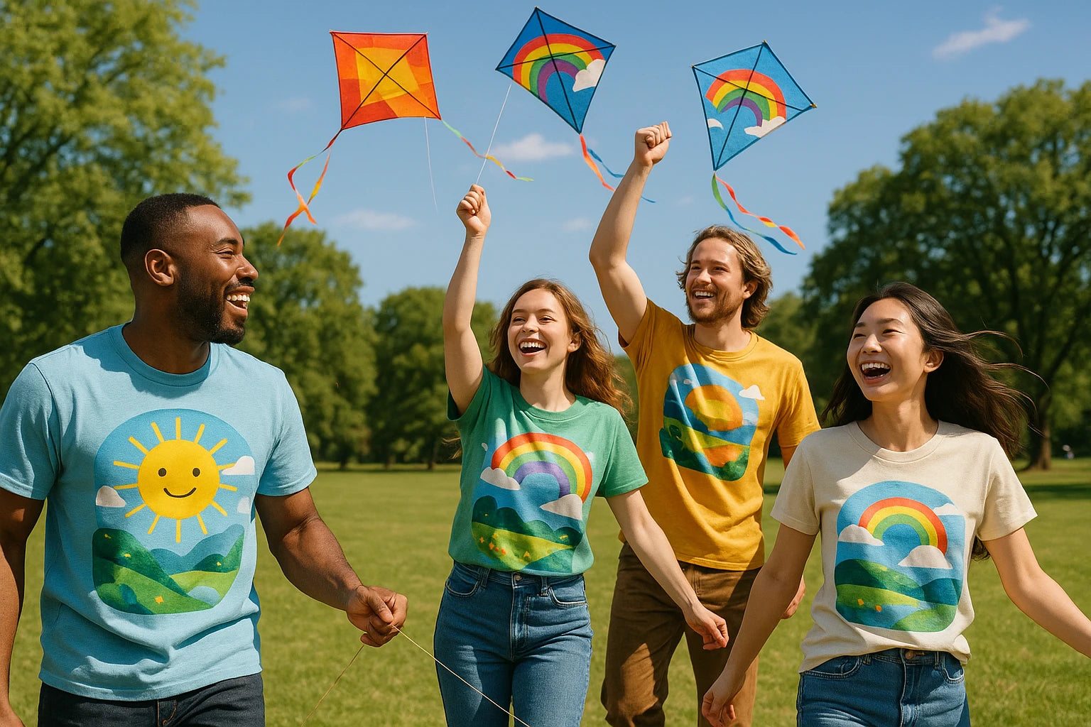 Marketplace stall displaying colorful joyful graphic shirts with cartoon illustrations and uplifting slogans