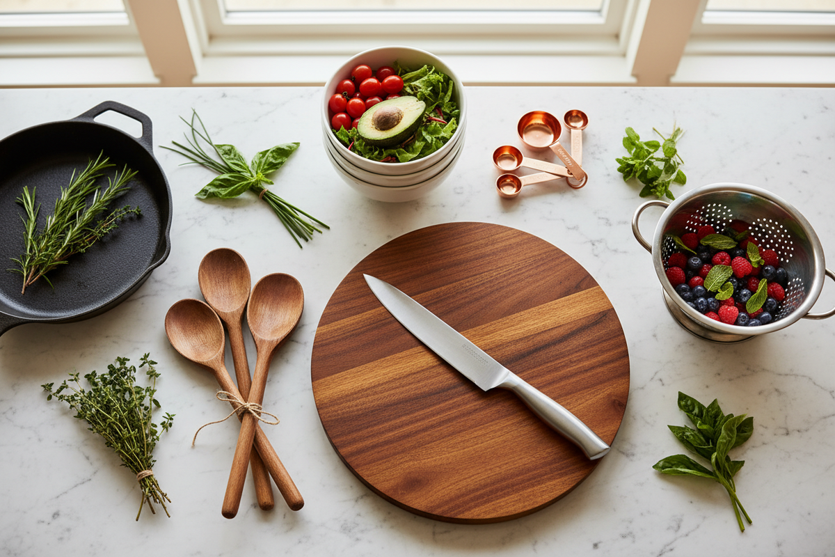 Kitchen Gift Ideas with a round wooden cutting board, silver knife, wooden spoons, copper measuring cups and fresh herbs.
