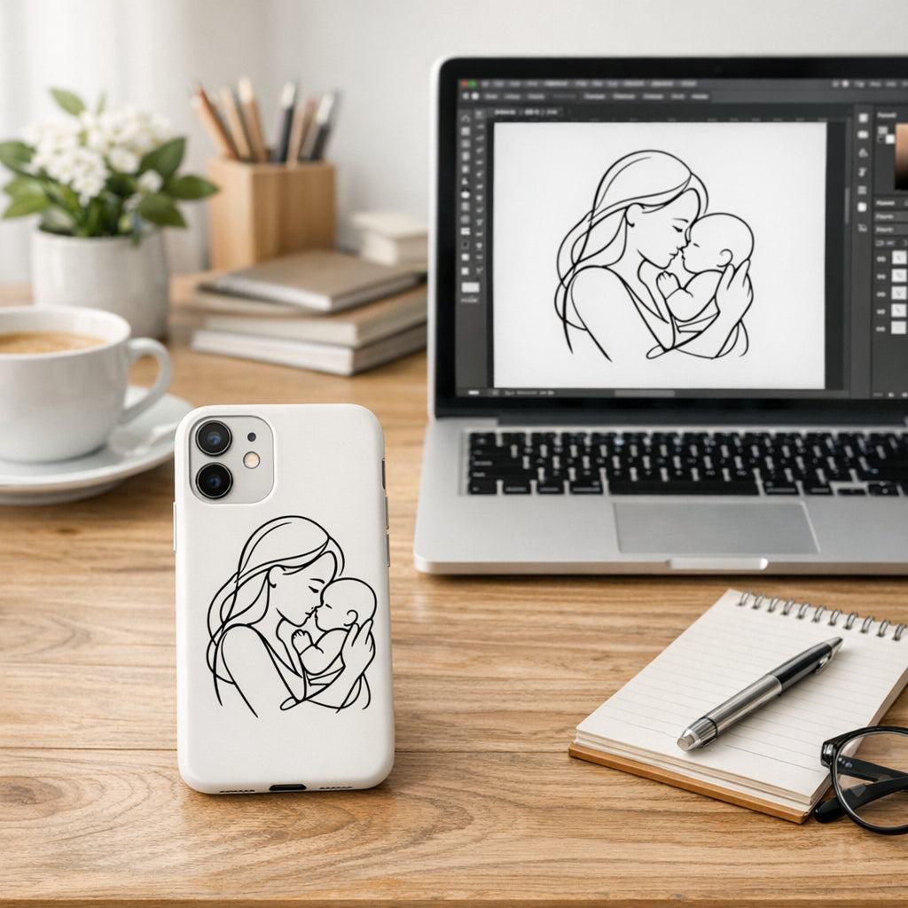Minimalist phone case with single-line design on wooden desk with laptop and natural light.
