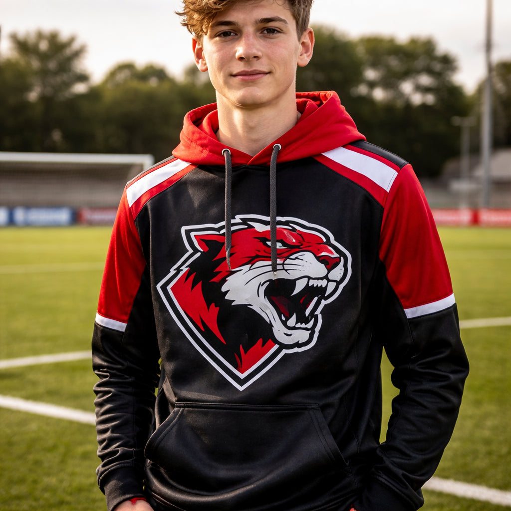 Teen athlete wearing custom sports team hoodie with bold mascot logo on soccer field