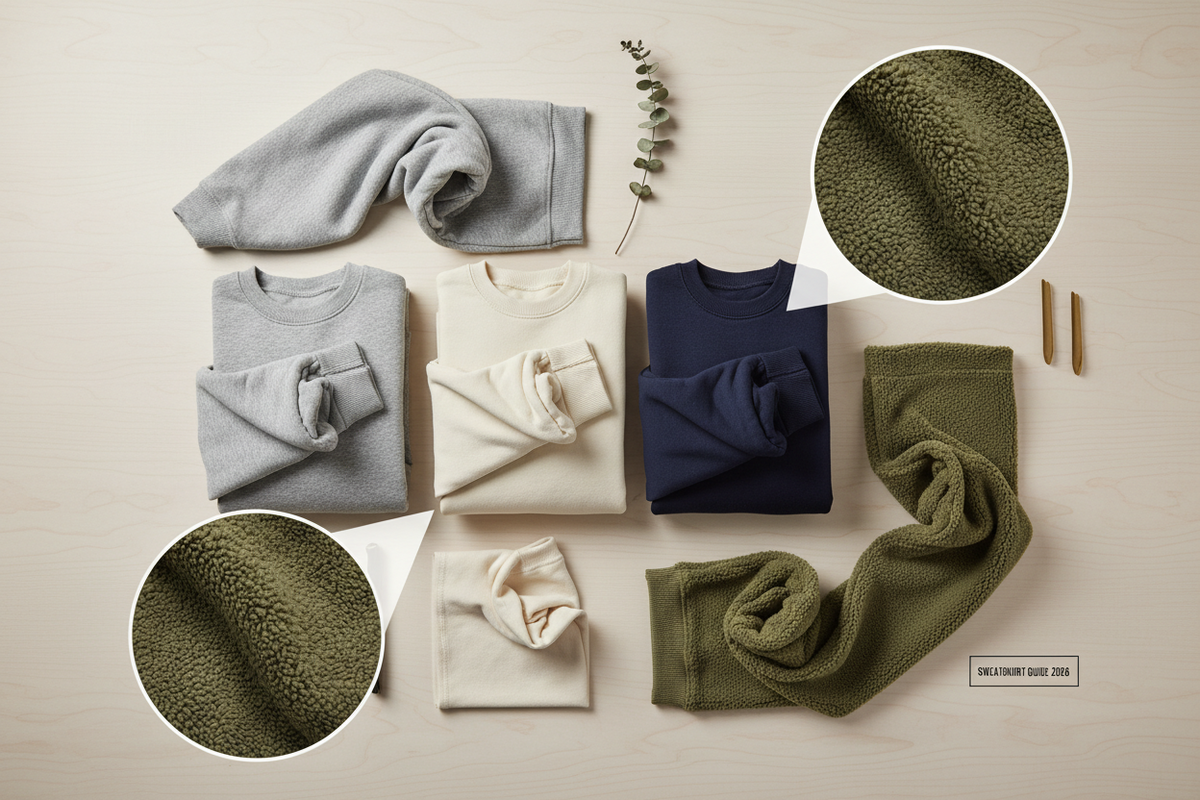 Sweatshirt Materials display of folded gray, cream, navy and olive knit garments with textured fabric close-ups.