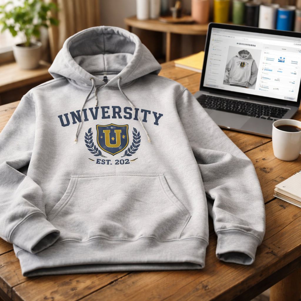 University hoodie print on demand displayed on wooden table with laptop showing POD dashboard and soft lighting