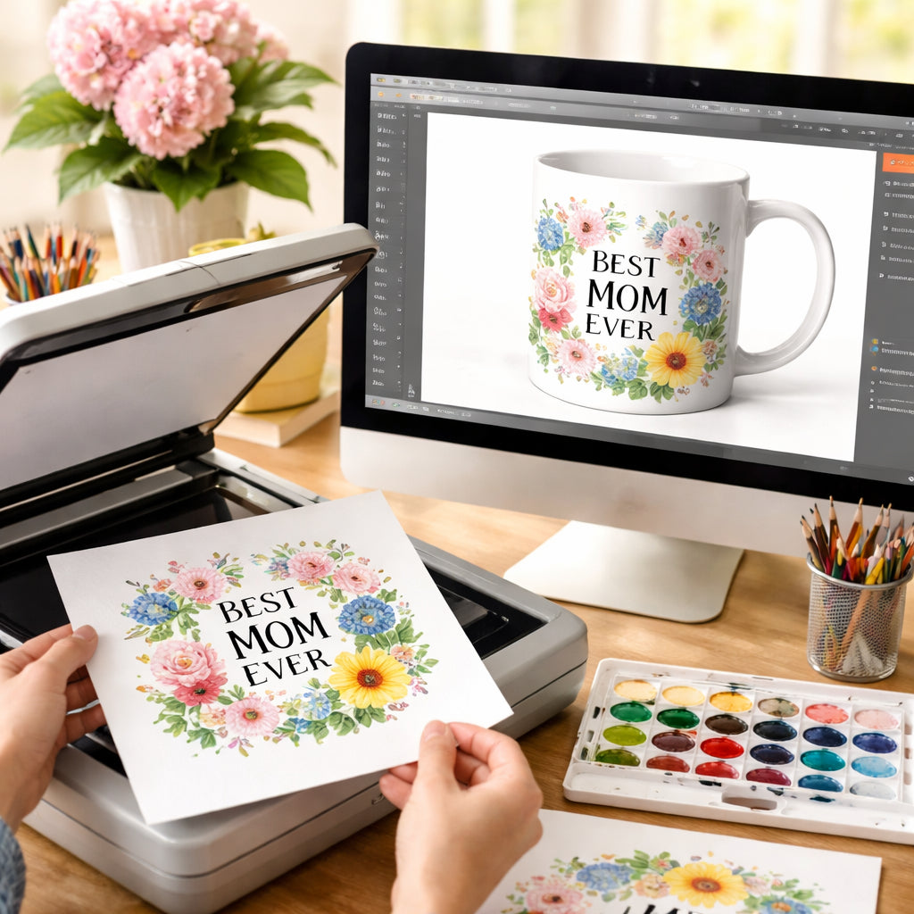 A photorealistic scene showing a watercolor design being scanned and placed onto a mug mock‑up on a computer screen, realistic lighting, targeting moms and teachers, alt: watercolor mug print on demand workflow